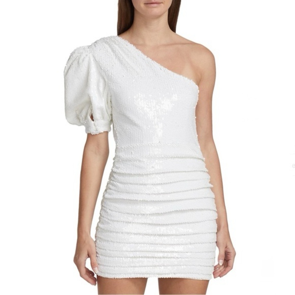 Ronny Kobo Collection White Asymmetrical Ruched Cocktail Dress